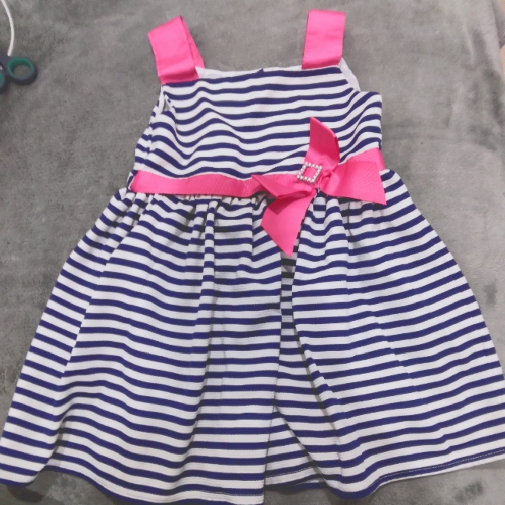 Sweet Heart Rose dress, size 4 , color white w/blue stripe ,pink bow